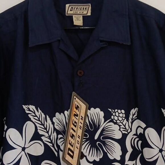 NWT Hawaiian Shirt Men's XXL  Brand: Designs For Him Navy and White 100% Cotton - Picture 2 of 5